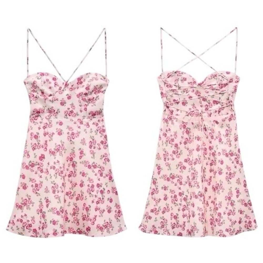 ZARA Dainty Floral Linen Fit & Flare Strappy Mini Dress - Picture 1 of 15